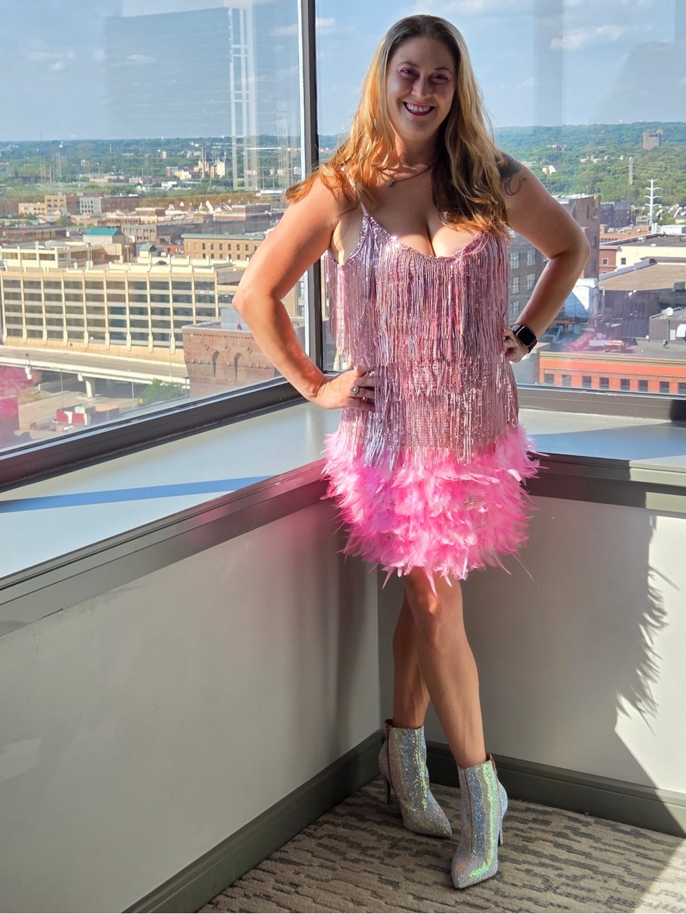 Sequin Fringe & Feather Mini Dress - Pink